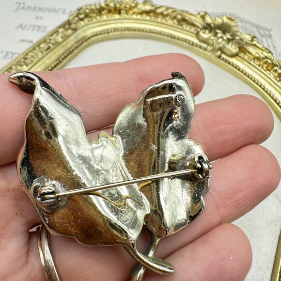 Vintage BSK Brushed Enamel & Rhinestone Leaves Leaf Brooch Moss Green  Enamel - Picture 3 of 5